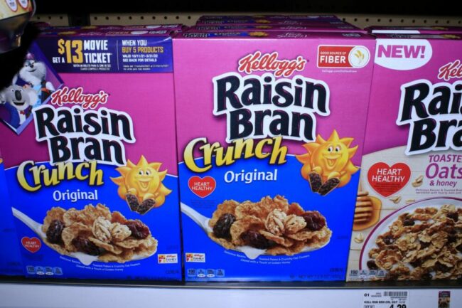 Raisin Bran on grocery store shelf. 