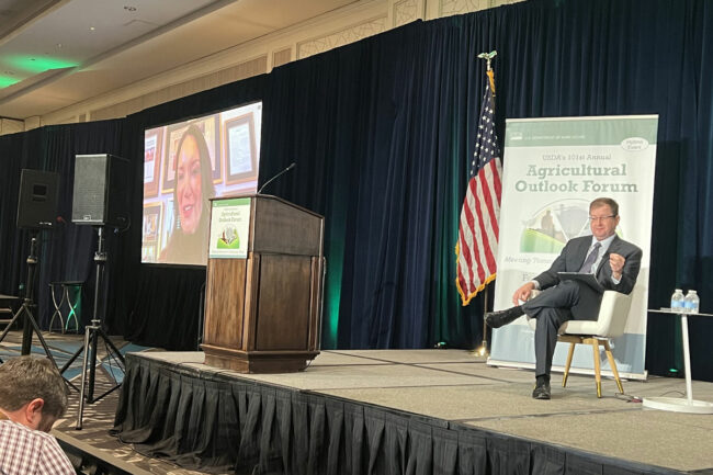 US Secretary of Agriculture Brook Rollins addresses the 101st Agricultural Outlook Forum virtually and conducted a brief Q & A session with USDA chief economist Seth Meyer on Feb 28 in Washington.