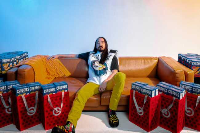 Cheddies product shot with Steve Aoki.